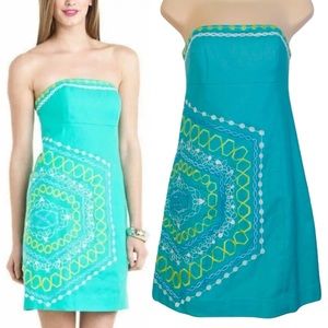 Lilly Pulitzer Women’s Bowen Strapless Mini Dress, Teal, Embroidered, Size 2